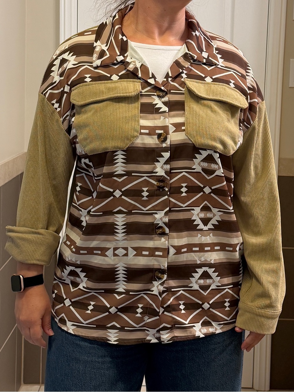 SHEIN Brown Aztec Button-Down Shirt with Tan Corduroy Accents